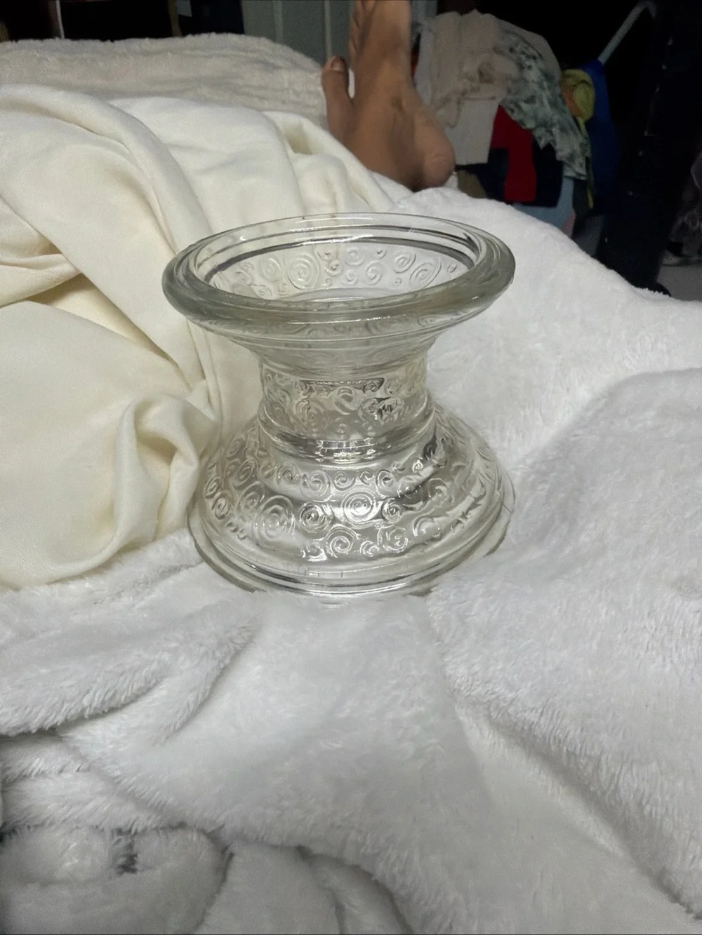 Clear Glass Pillar Candle Holder with White Taper Candle Vtg swirl